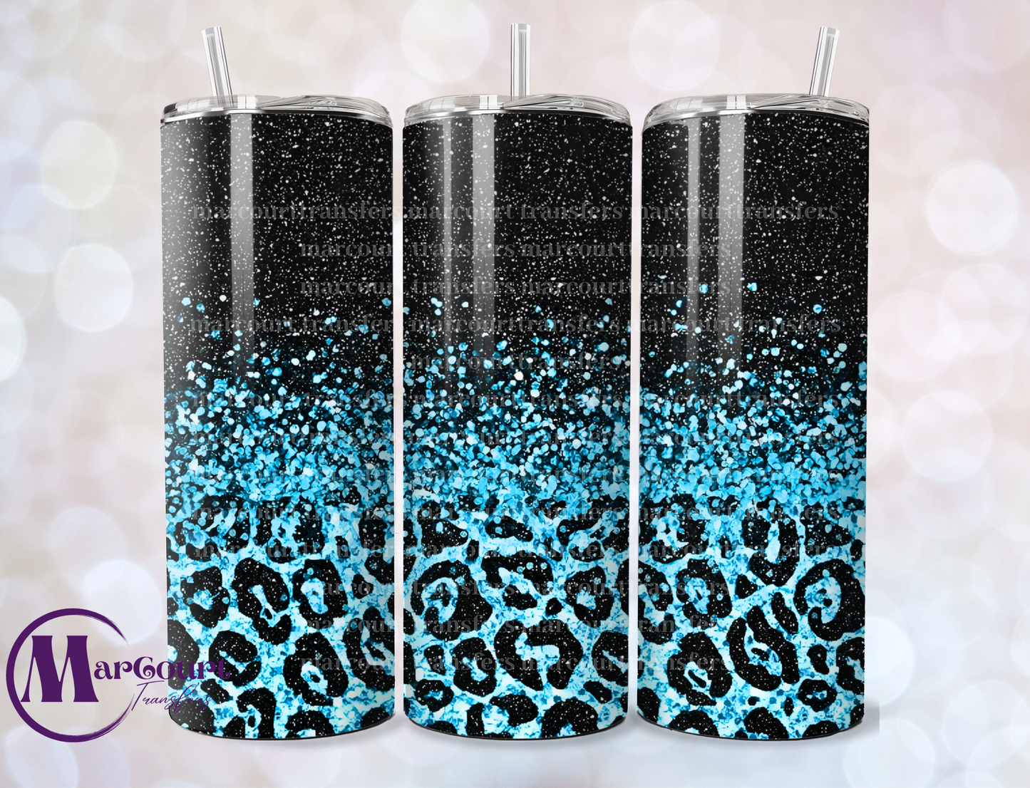 AQUA AND BLACK GLITTER LEOPARD-SKINNY TUMBLER TRANSFER