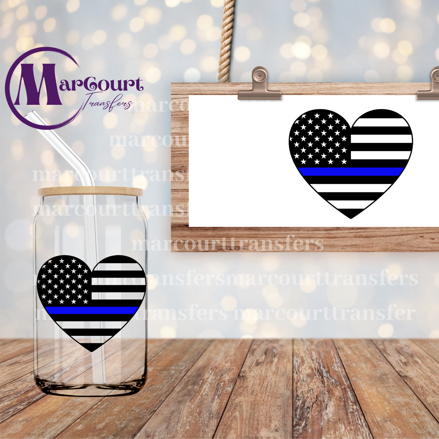 BLUE LINE HEART- DECAL-UV DTF CUP WRAP