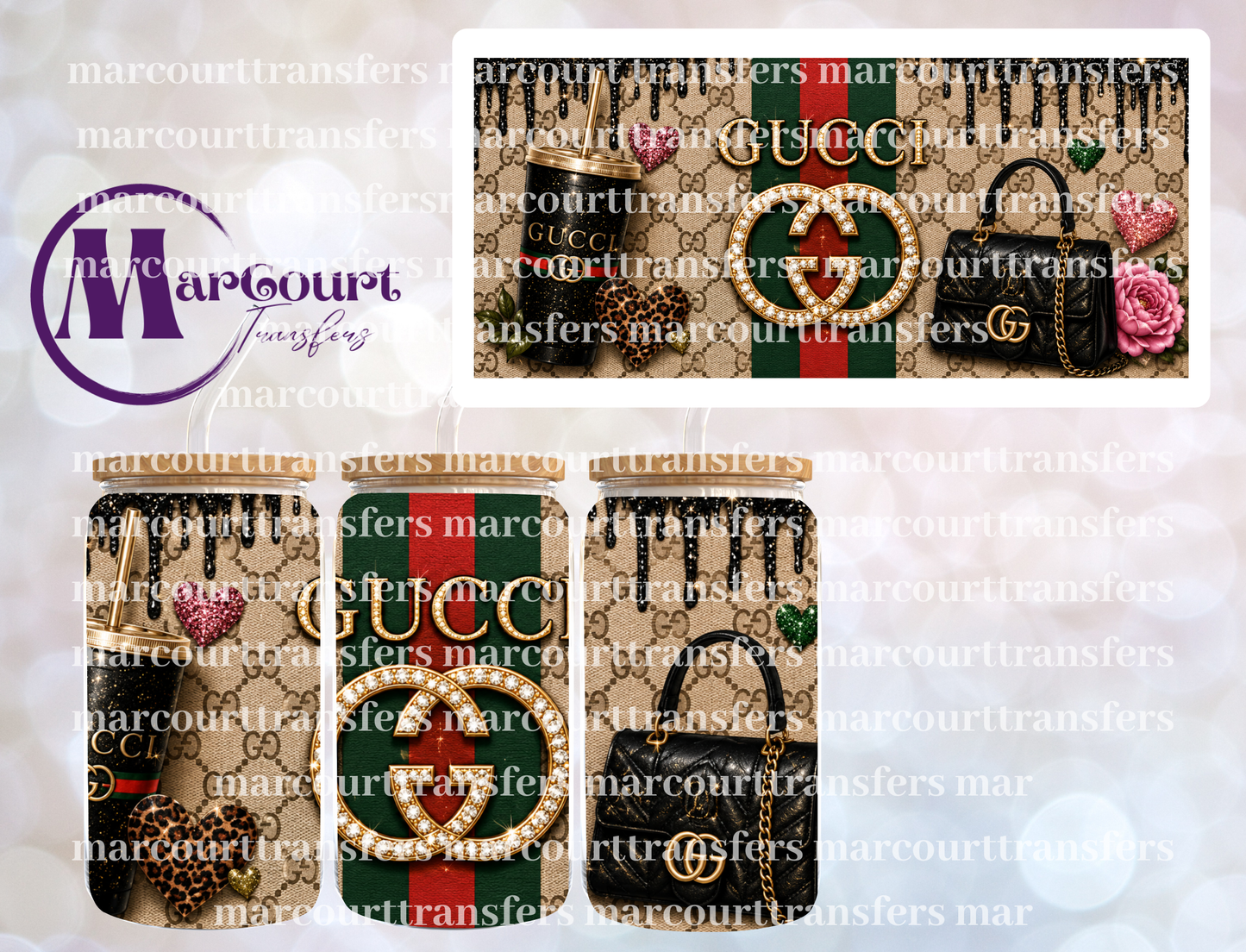 BLACK GLITTER GUCCI-16 0Z-UV DTF CUP WRAP