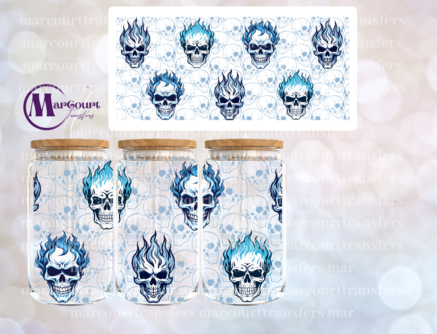 BLUEU FLAMES SKULL-16 0Z-UV DTF CUP WRAP