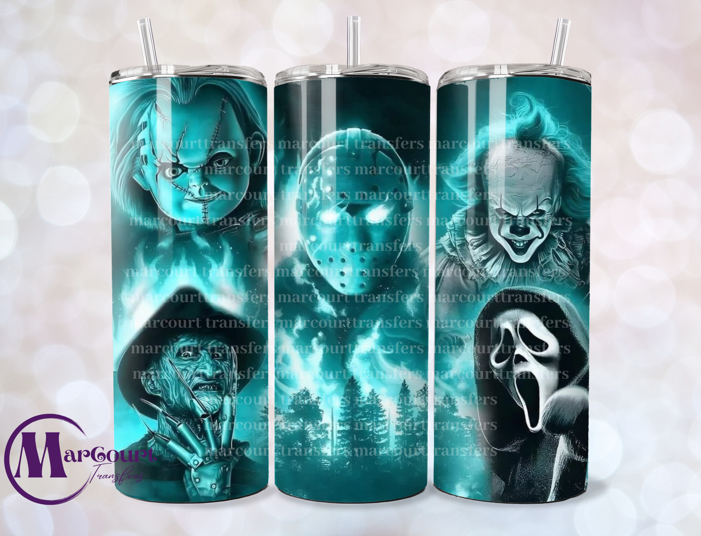 BLUE LIGHT HORROR CHARACTERS-SKINNY TUMBLER TRANSFER