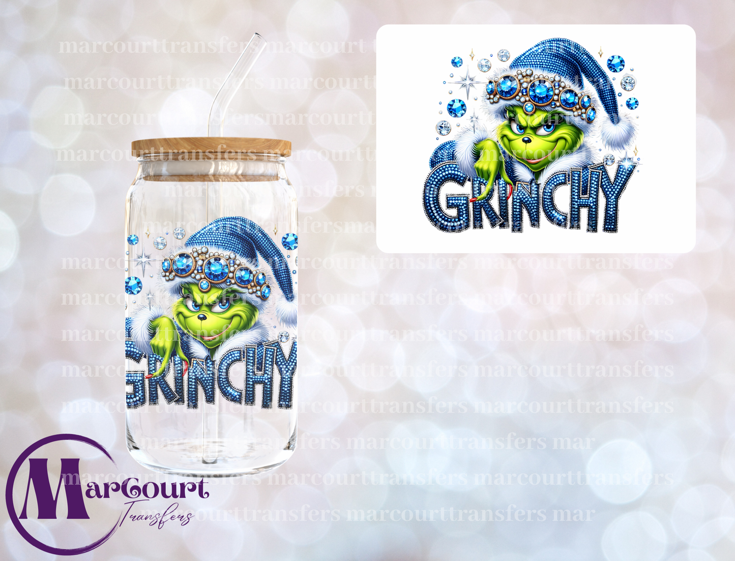 BLUE RHINESTONE GRINCH-DECAL-UV DTF CUP WRAP