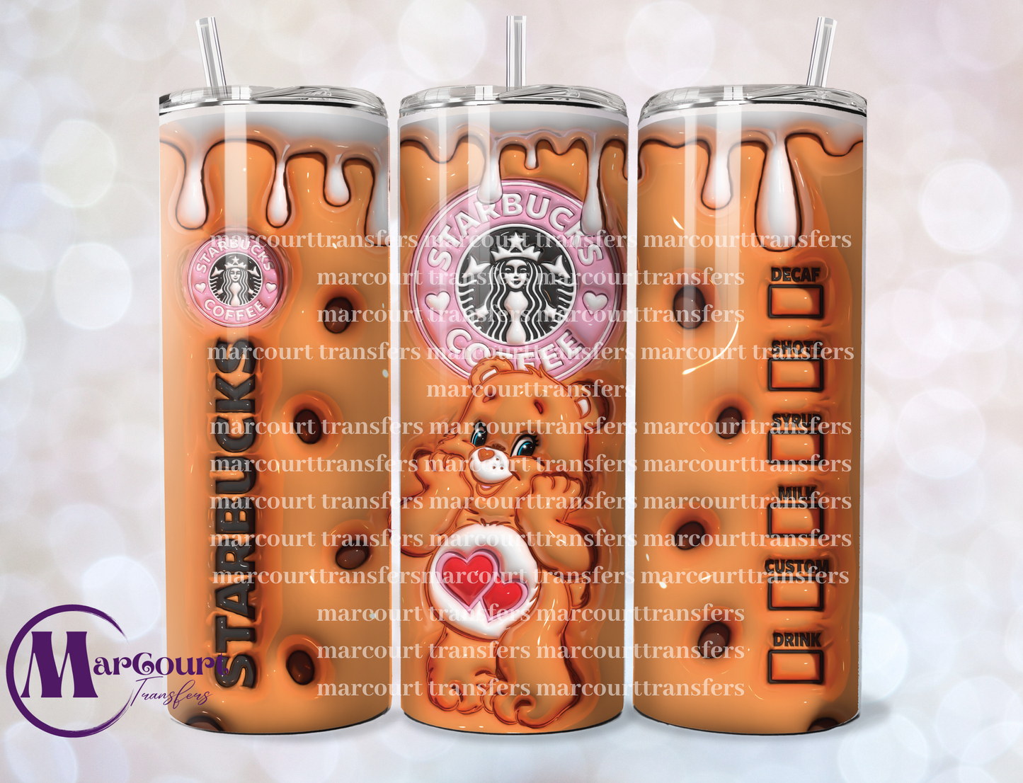 CARE BEAR-ORANGE-HEARTS-SKINNY TUMBLER TRANSFER