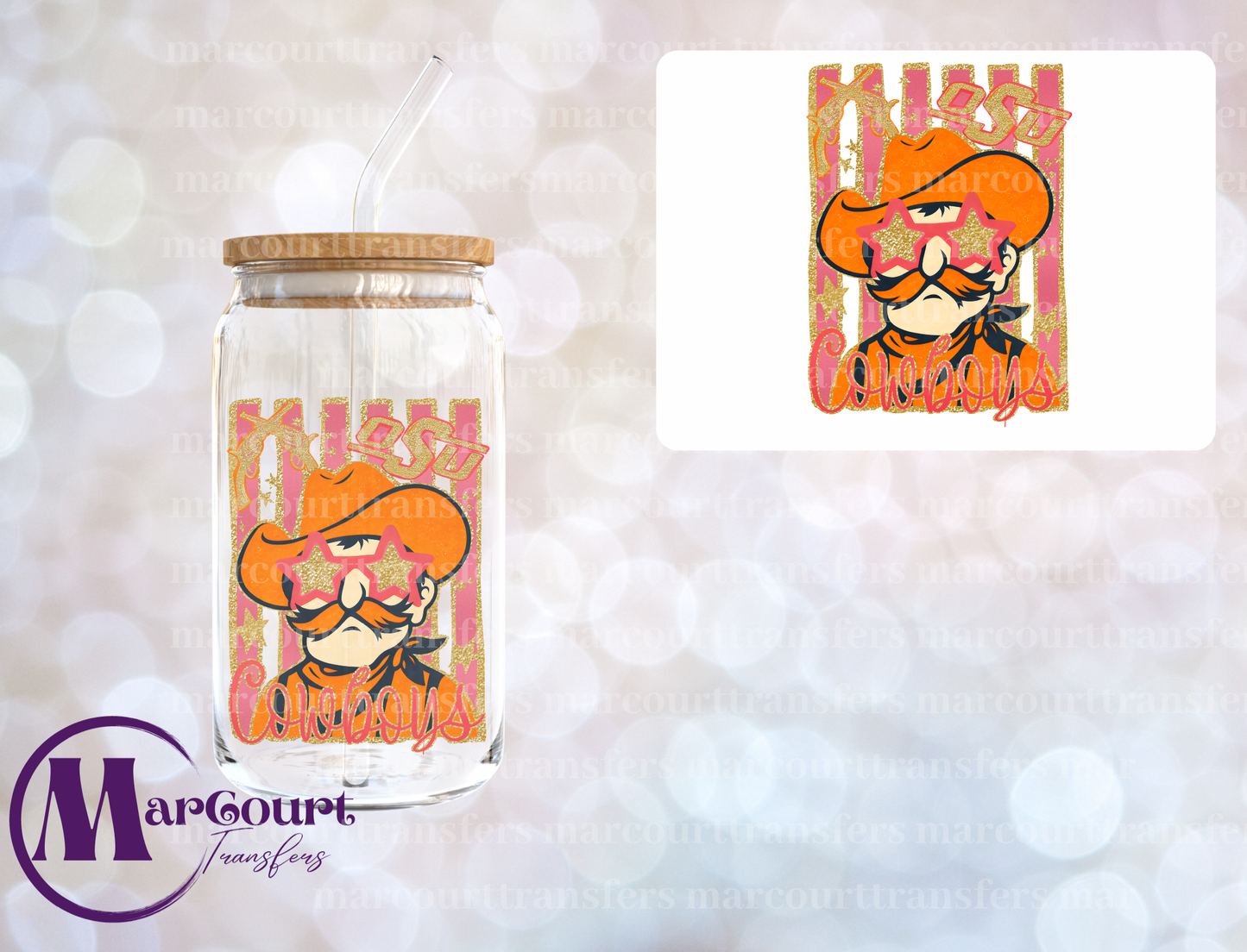 FAUX GLITTER OKLAHOMA COWBOYS MASCOT-DECAL-UV DTF CUP WRAP