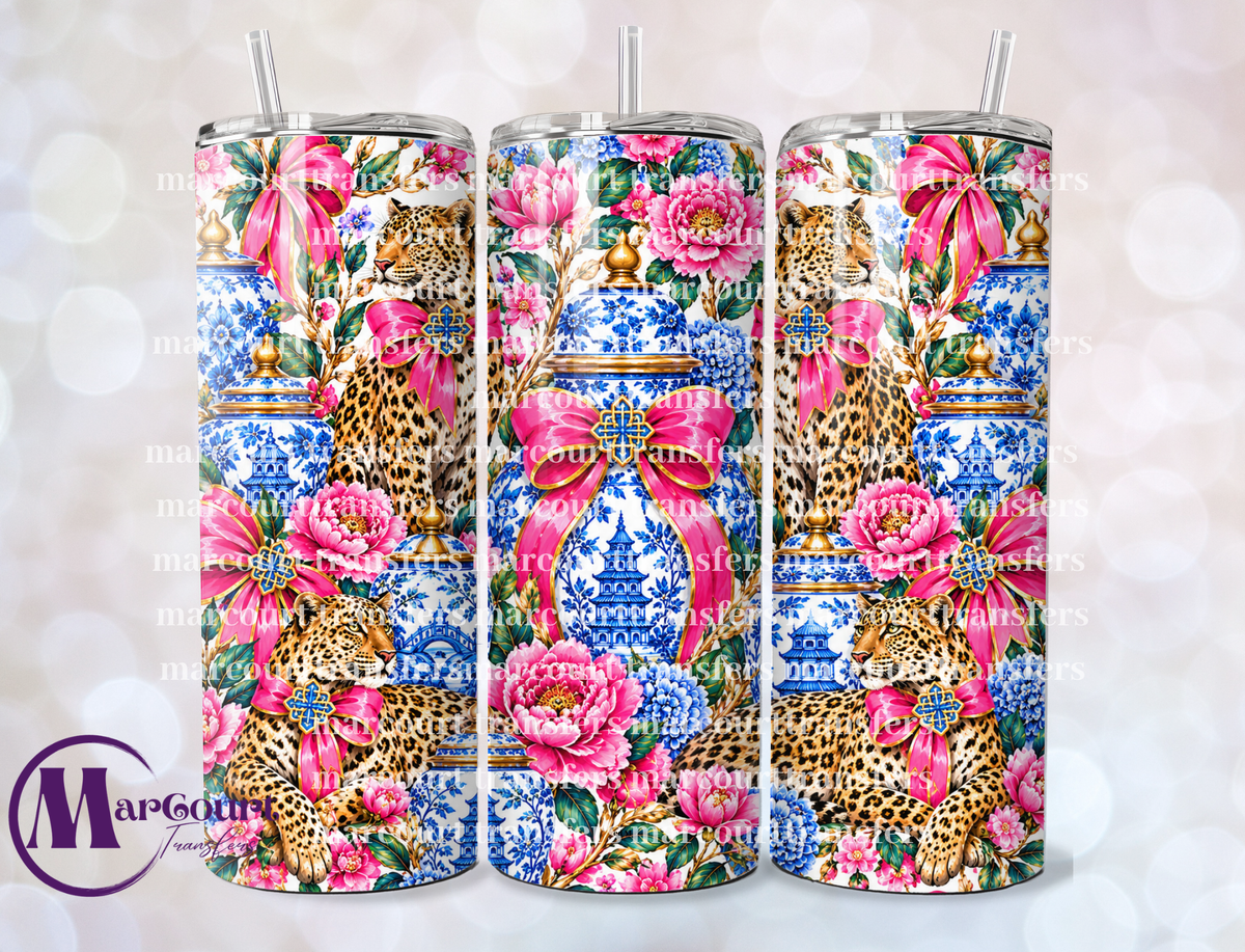 CHINOISERIE LEOPARDS AND PINK BOWS-SKINNY TUMBLER TRANSFER (SUBLIMATION)