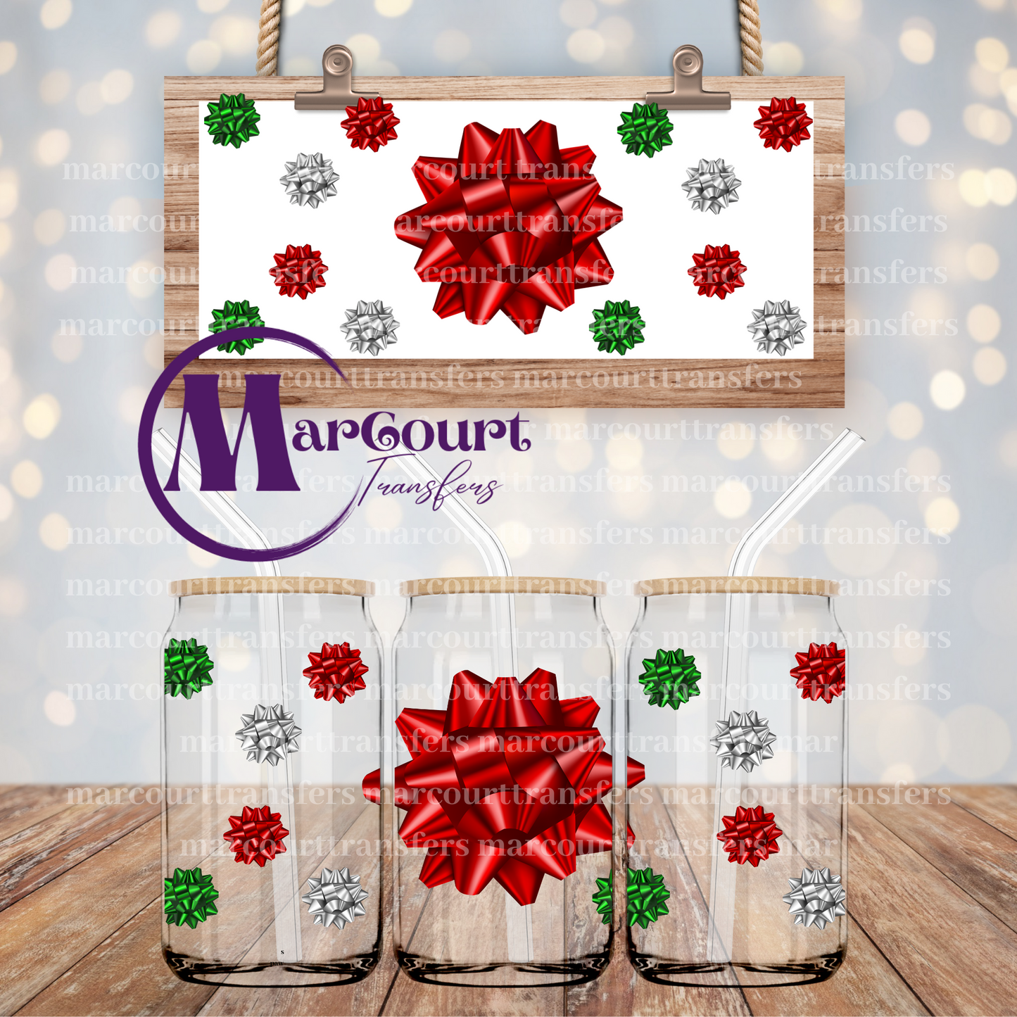 CHRISTMAS BOWS-16 0Z-UV DTF CUP WRAP