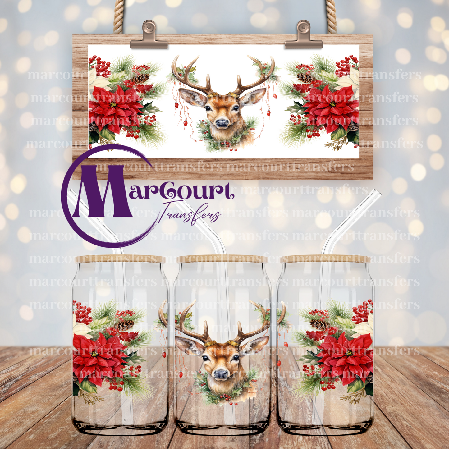 CHRISTMAS DEER WITH POINTSETTIAS-16 0Z-UV DTF CUP WRAP