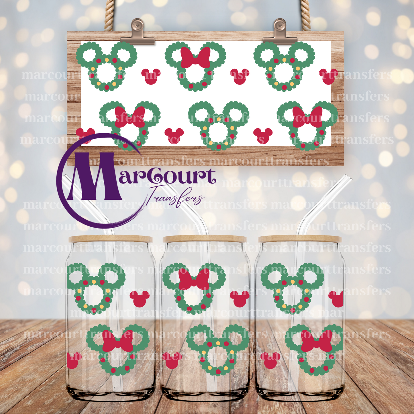 CHRISTMAS MOUSE WREATH-16 0Z-UV DTF CUP WRAP