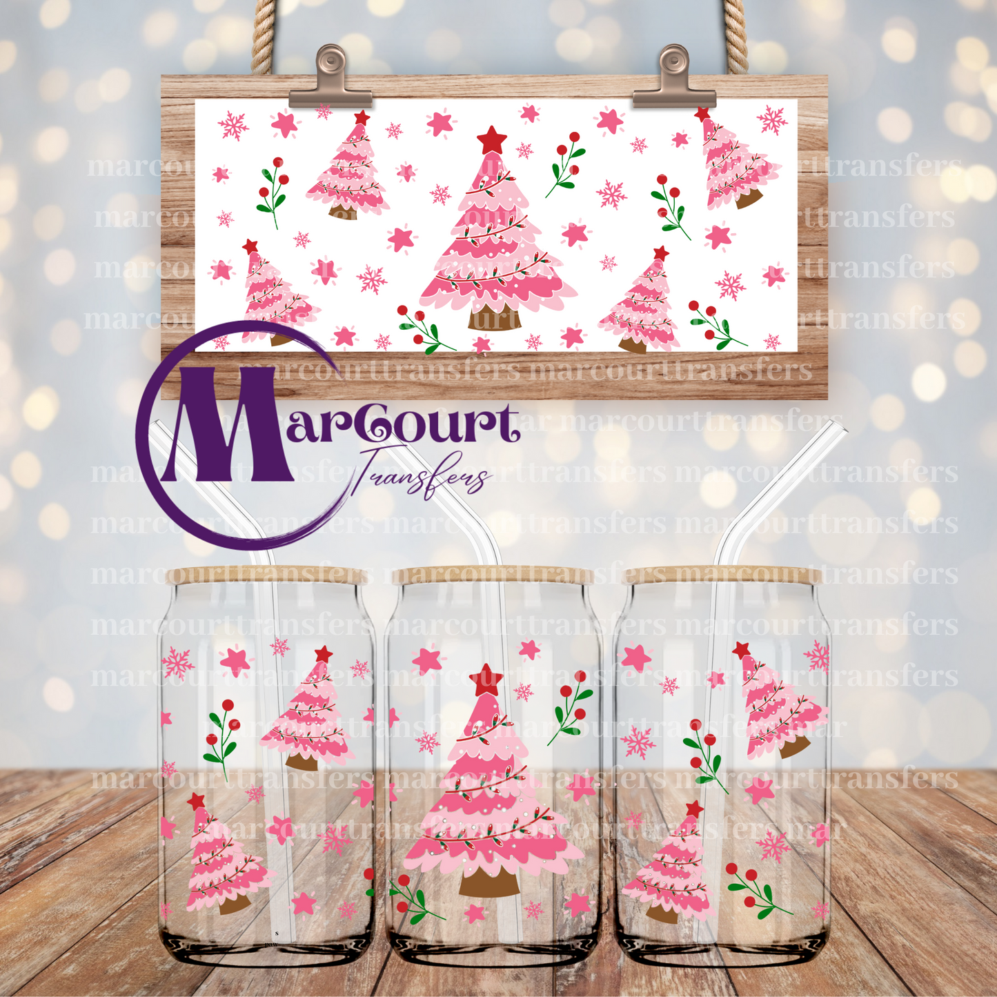 CHRISTMAS PINK TREES-16 0Z-UV DTF CUP WRAP