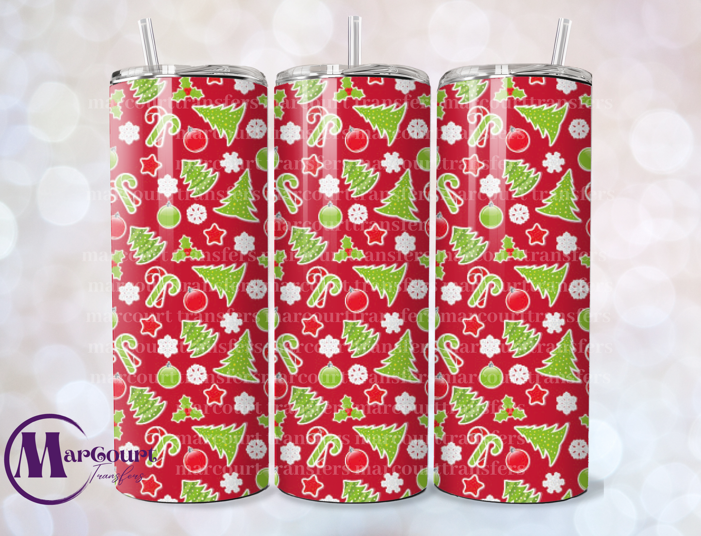 CHRISTMAS TREES ORNAMENTS AND CANDY CANES -SKINNY TUMBLER TRANSFER