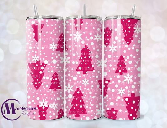 CHRISTMAS TREES AND SNOWFLAKES PINK BACKGROUND-SKINNY TUMBLER TRANSFER