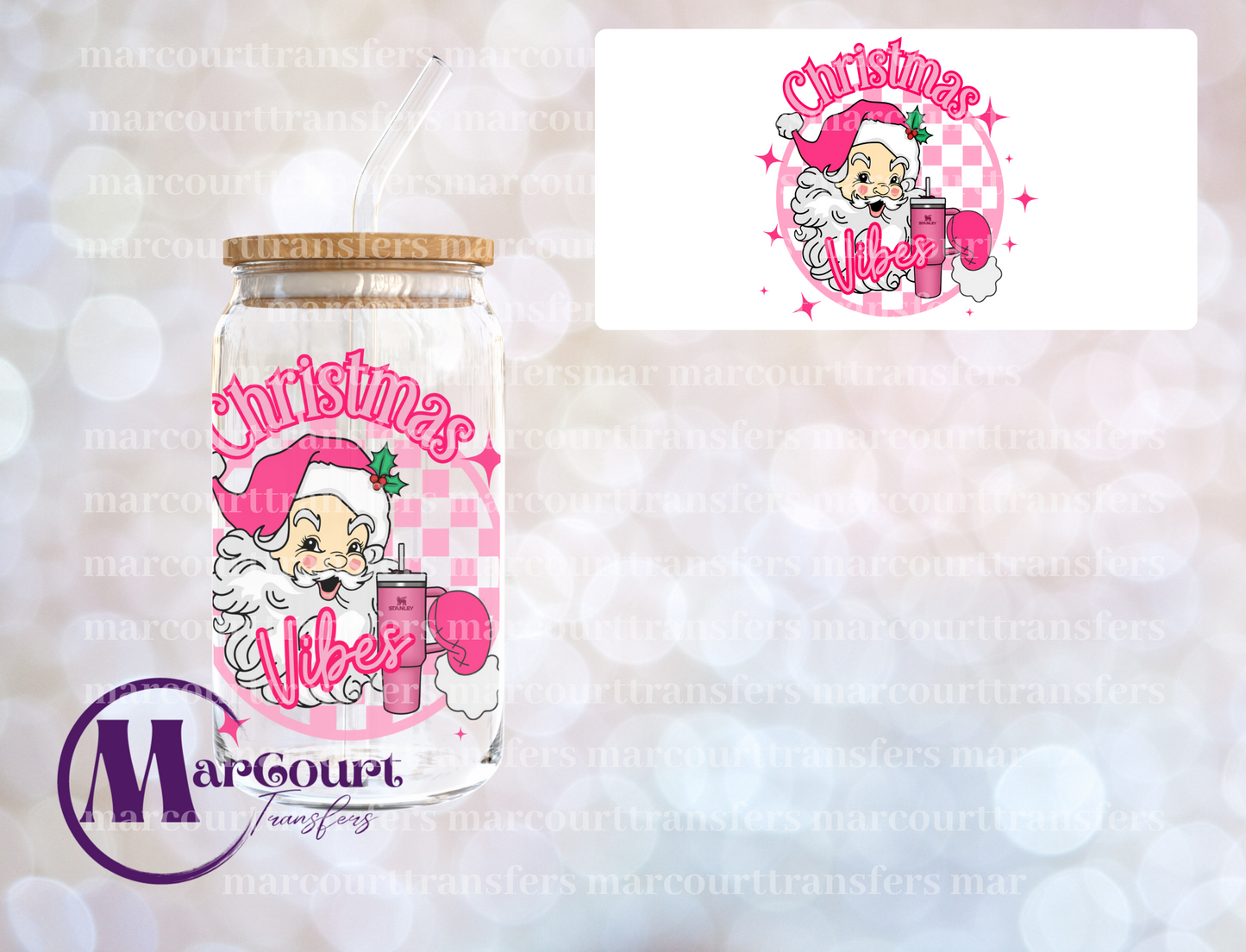 CHRISTMAS VIBES PINK SANTA WITH TUMBLER-UV DTF CUP WRAP