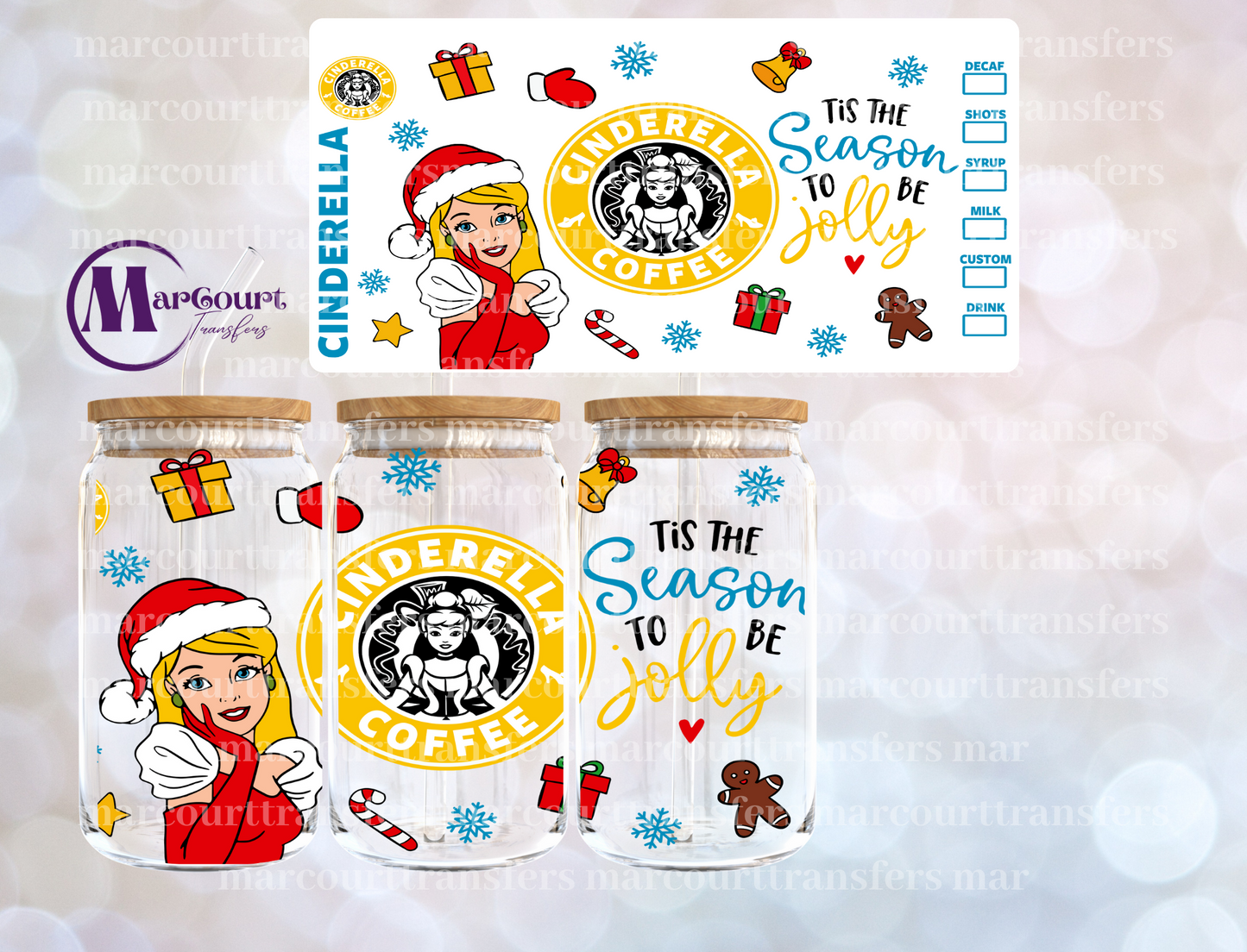 CINDERELLA CHRISTMAS COFFEE-16 0Z-UV DTF CUP WRAP