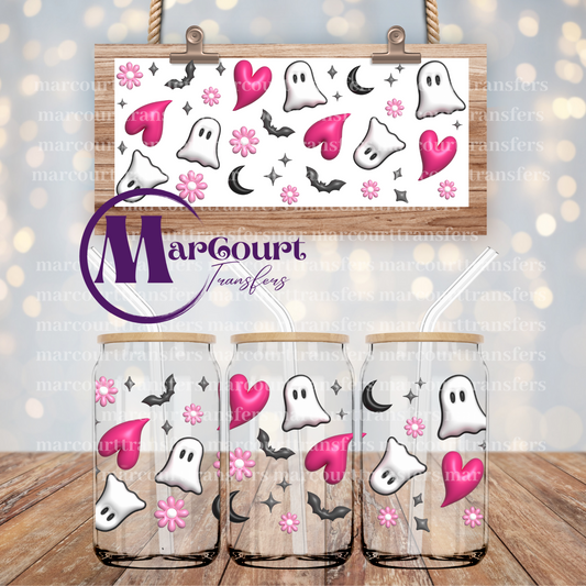 CUTE GHOSTS W BATS AND HEARTS INFLATED-16 0Z-UV DTF CUP WRAP