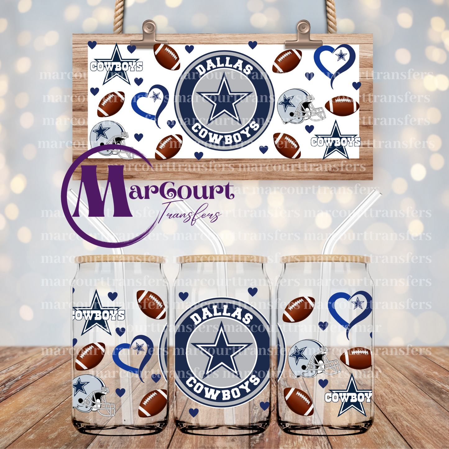 DALLAS COWBOYS HEARTS-16 0Z-UV DTF CUP WRAP