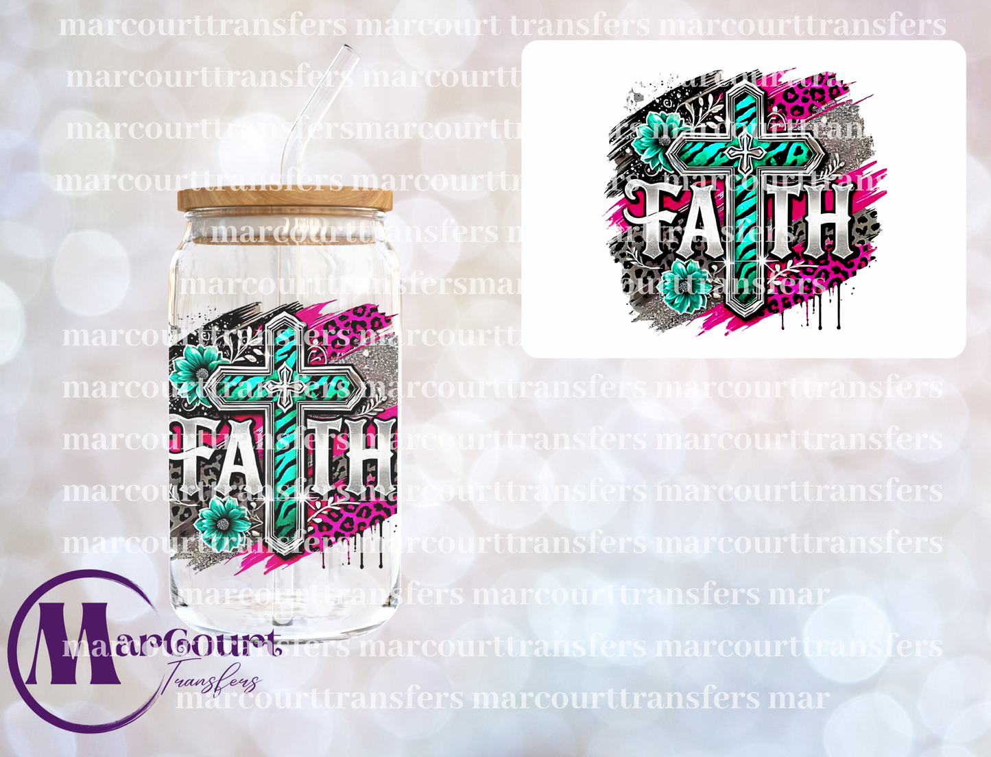 FAITH TEAL AND PINK CHEETAH-DECAL-UV DTF CUP WRAP