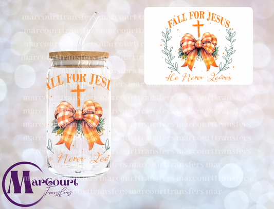 FALL FOR JESUS HE NEVER LEAVES-DECAL-UV DTF CUP WRAP