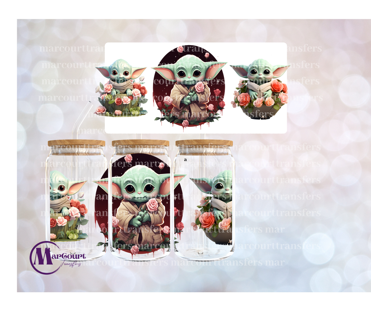 GROGU (BABY YODA) VALENTINE FLOWERS-16 0Z-UV DTF CUP WRAP