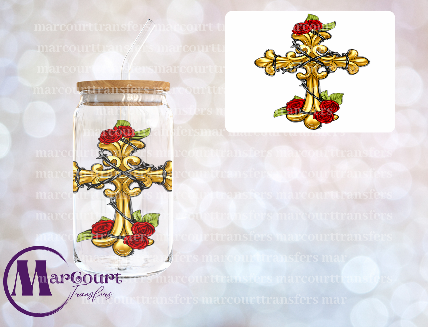 CROSS WITH ROSES-UV DTF CUP WRAP