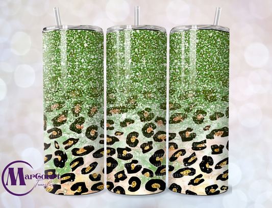 GREEN LEOPARD GLITTER-SKINNY TUMBLER TRANSFER