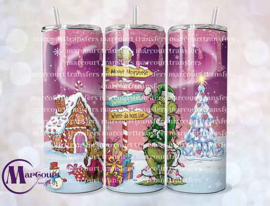 GRINCH PINK GLITTER TOP WHERE DA HOOS LIVE-20 OZ-UV DTF CUP WRAP