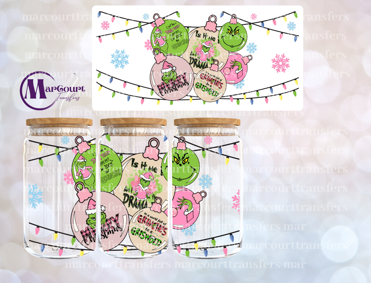 GRINCH PINK ORNAMENTS-16 0Z-UV DTF CUP WRAP