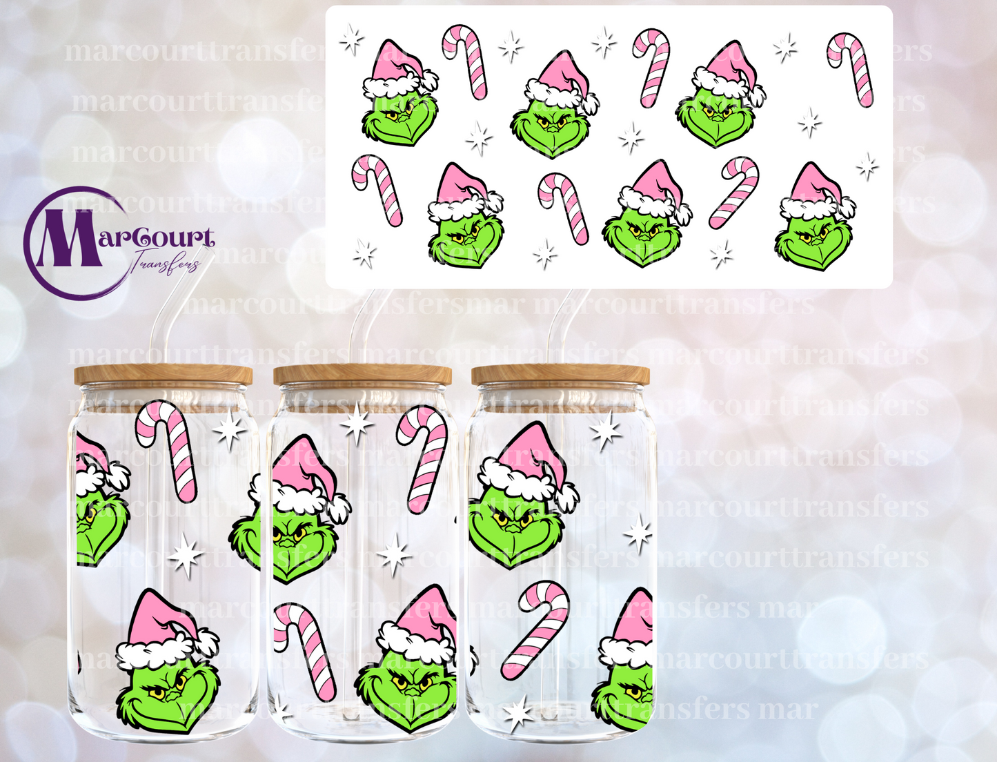 GRINCH WITH CANDY CANES PINK-16 0Z-UV DTF CUP WRAP