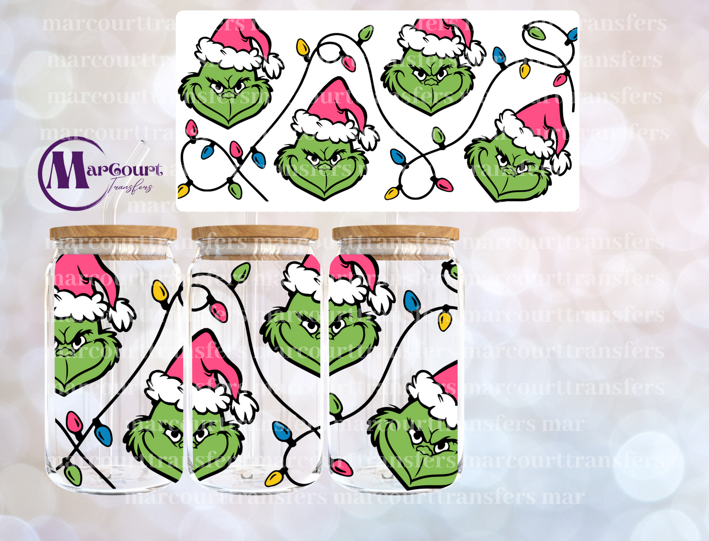 GRINCH WITH LIGHTS PINK-16 0Z-UV DTF CUP WRAP