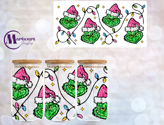 GRINCH WITH LIGHTS FAUX SEQUINS PINK-16 0Z-UV DTF CUP WRAP