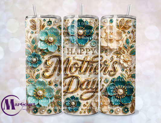 HAPPY MOTHER'S DAY TEAL AND BLUSH FLOWERS-SKINNY TUMBLER TRANSFER (SUBLIMATION)