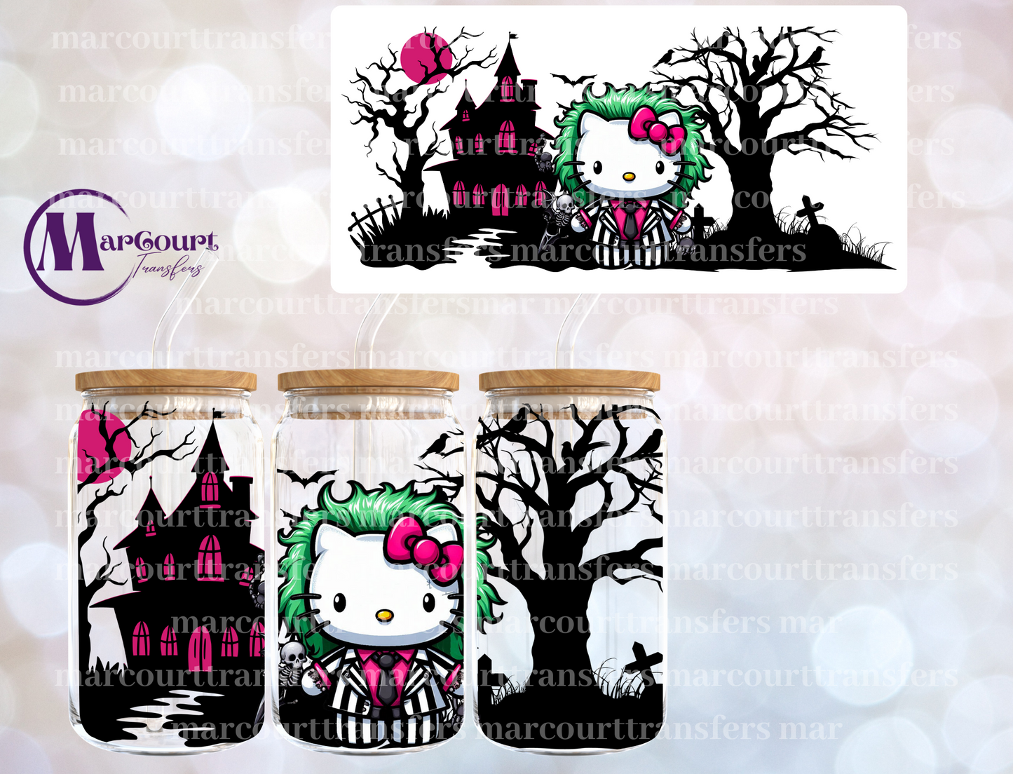 HELLO KITTY BEETLEJUICE AND HAUNTED HOUSE-16 0Z-UV DTF CUP WRAP