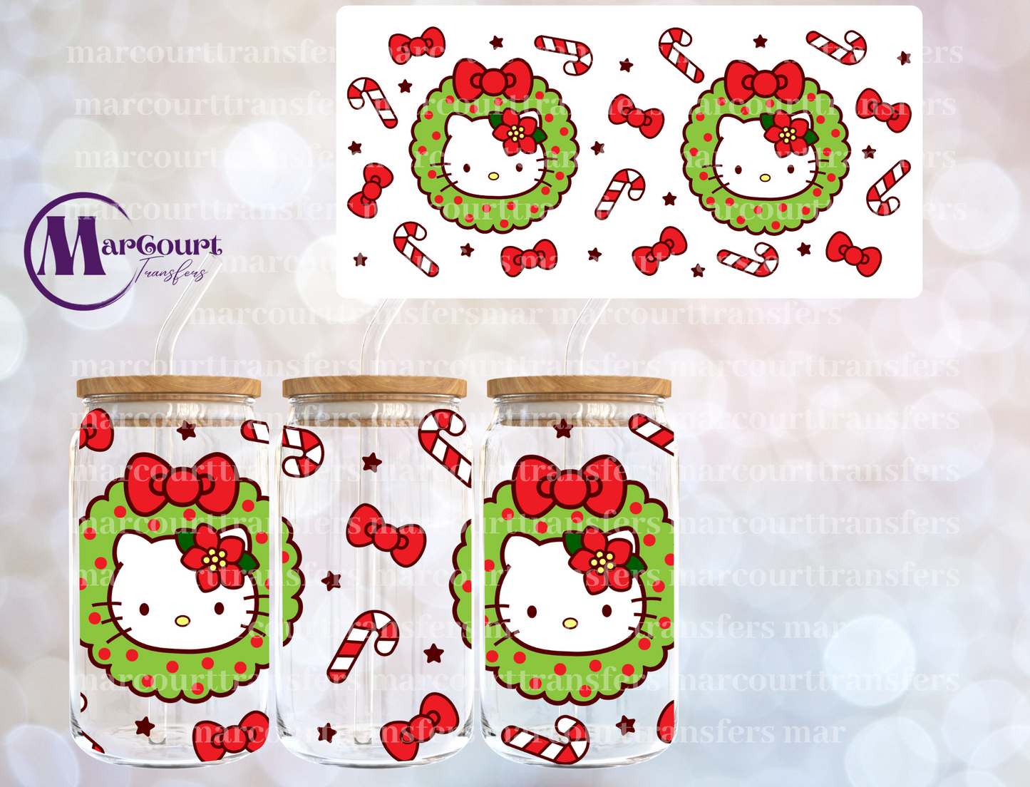 HELLO KITTY CHRISTMAS WREATH-16 0Z-UV DTF CUP WRAP