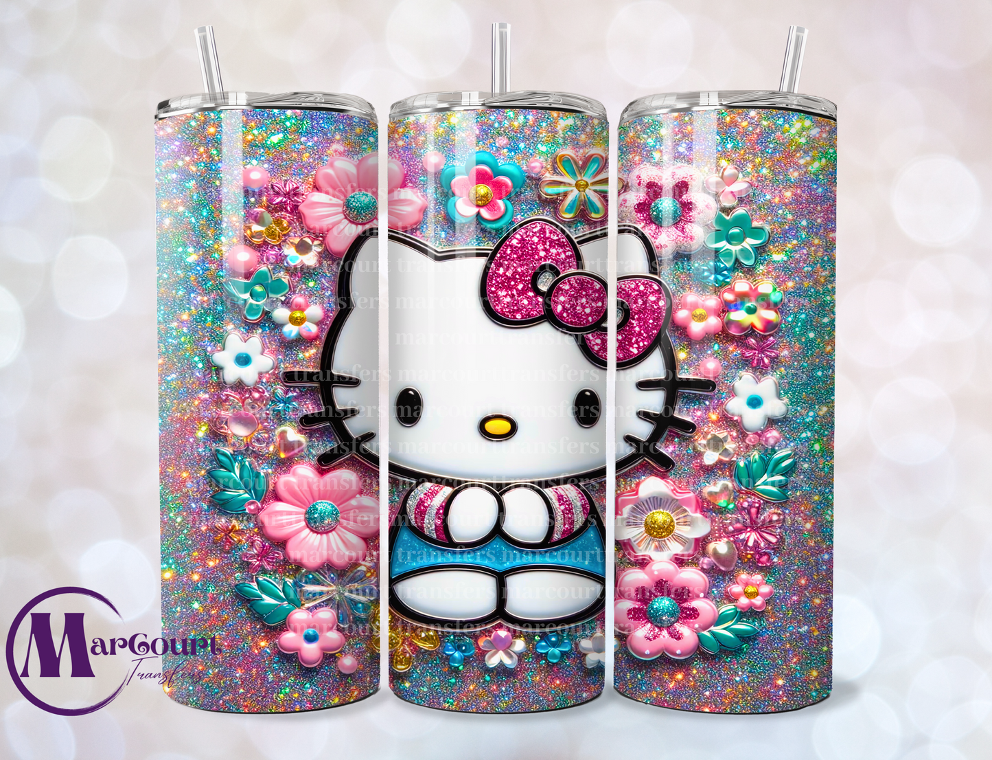 HELLO KITTY GLITTER WITH FLOWERS-SKINNY TUMBLER TRANSFER