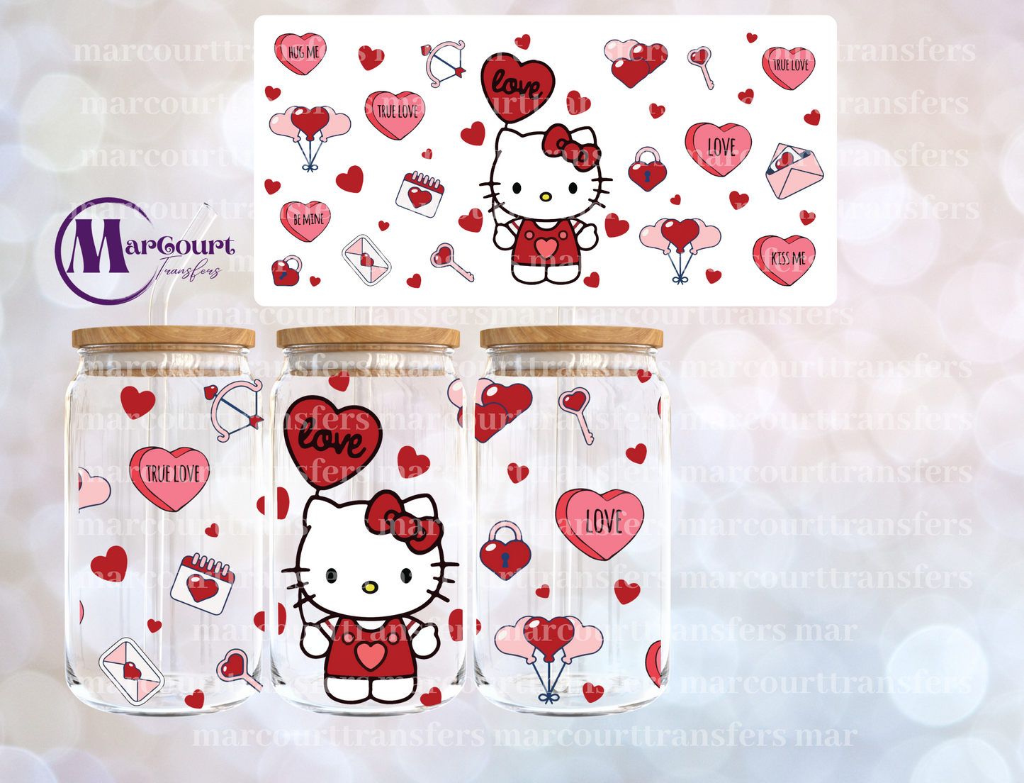 HELLO KITTY HEARTS AND BALLOONS VALENTINE-16 0Z-UV DTF CUP WRAP