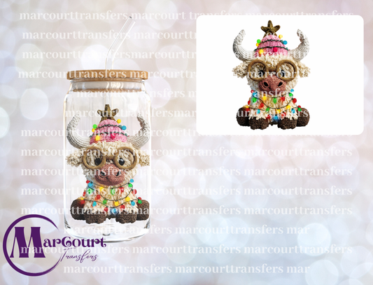 HIGHLAND COW WITH GLASSES CHRISTMAS YARN-DECAL-UV DTF CUP WRAP