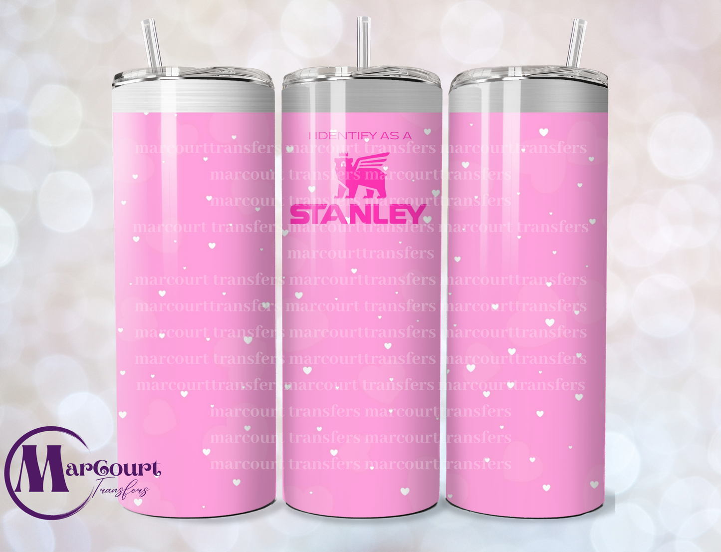 I IDENTIFY AS A STANLEY PINK AND WHITE HEARTS-SKINNY TUMBLER TRANSFER