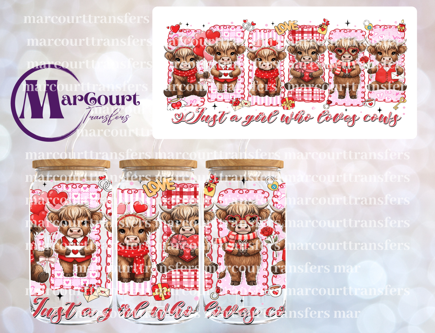 JUST A GIRL WHO LOVES COW VALENTINE STAMPS-16 0Z-UV DTF CUP WRAP