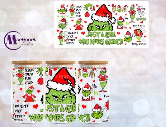 JUST A GIRL WHO LOVES GRINCH-16 0Z-UV DTF CUP WRAP