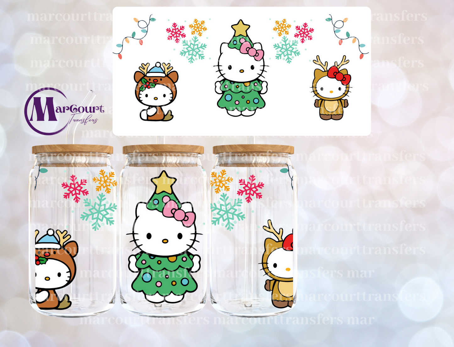 KITTY CHRISTMAS TREE AND REINDEER-16 0Z-UV DTF CUP WRAP