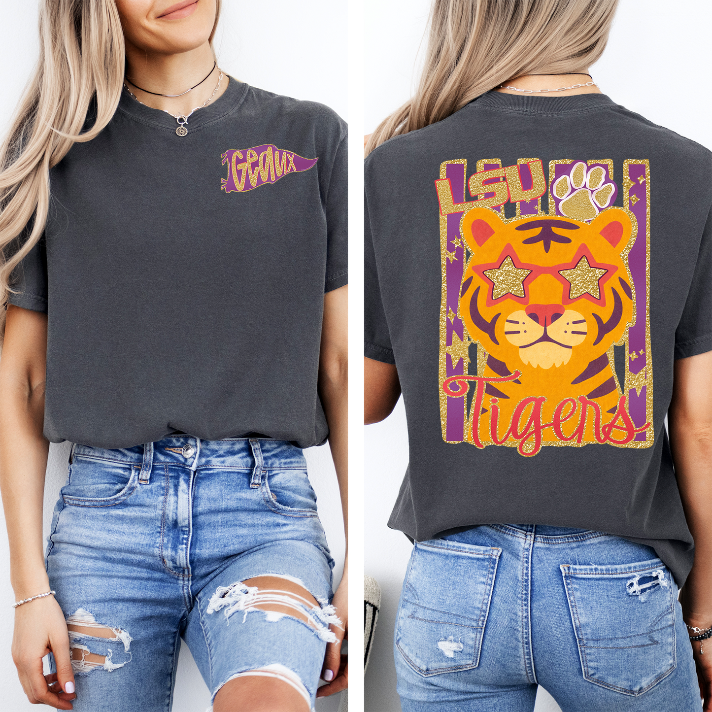 DTF-LSU TIGERS MASCOT FAUX GLITTER FRONT AND BACK