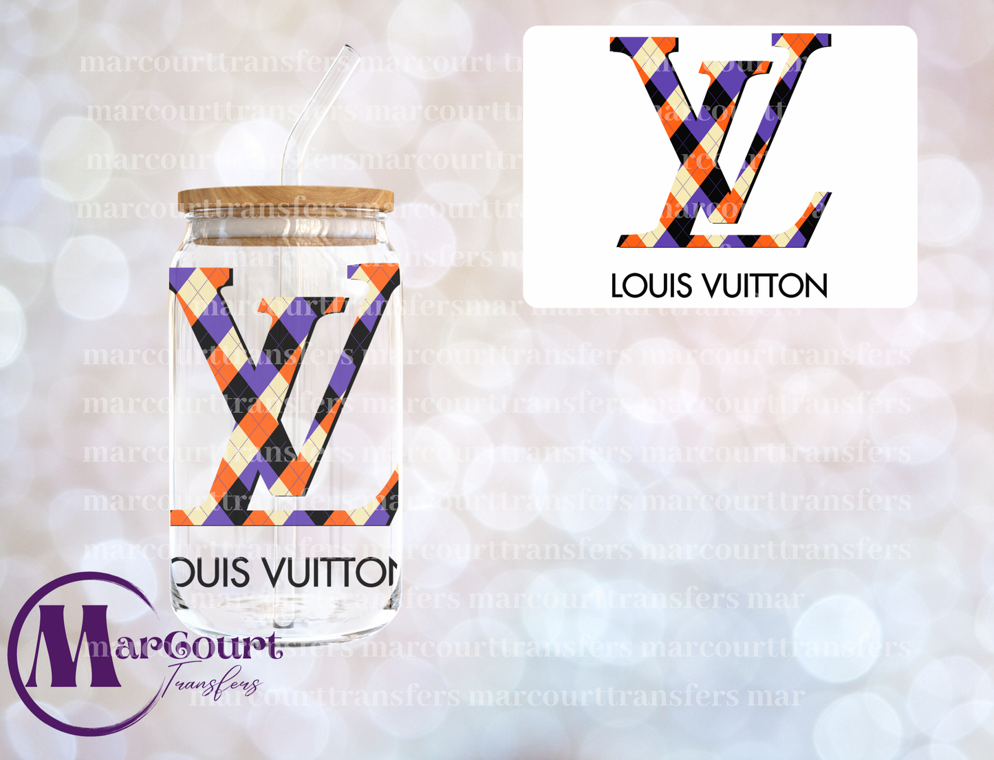 LV PURPLE ORANGE PLAID-DECAL-UV DTF CUP WRAP