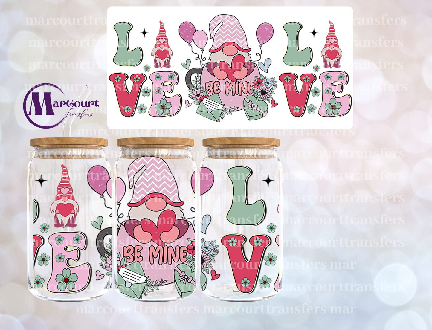 BE MINE LOVE GNOME-16 0Z-UV DTF CUP WRAP