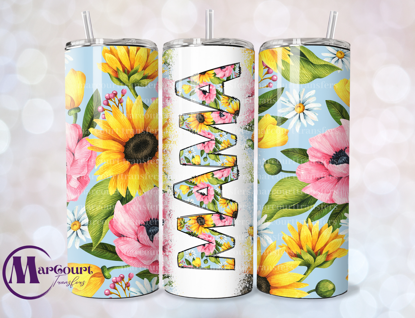 MAMA SUNFLOWER AND PINK PEONIES-SKINNY TUMBLER TRANSFER