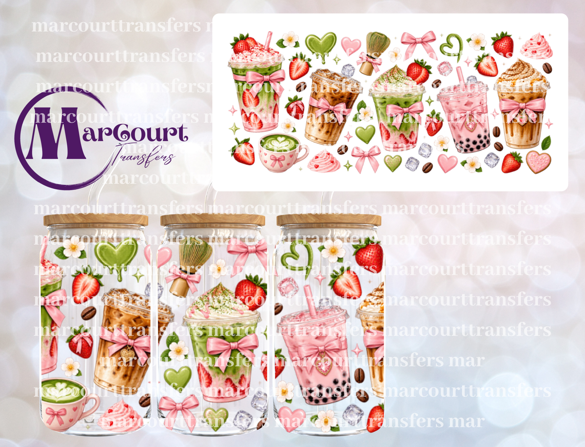 MATCHA STRAWBERRIES AND BOWS-16 0Z-UV DTF CUP WRAP