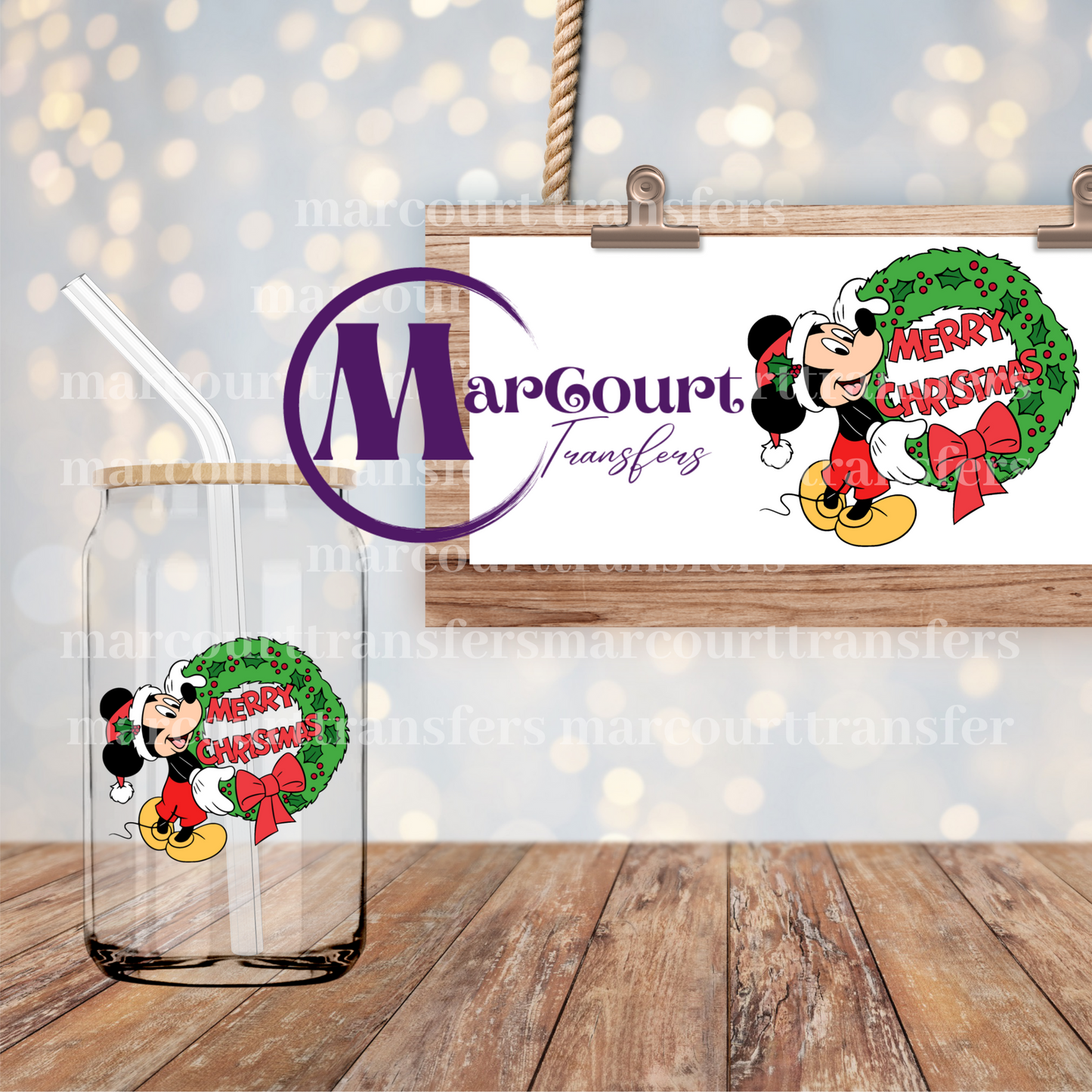 MERRY CHRISTMAS MICKEY WITH WREATH-DECAL-UV DTF CUP WRAP