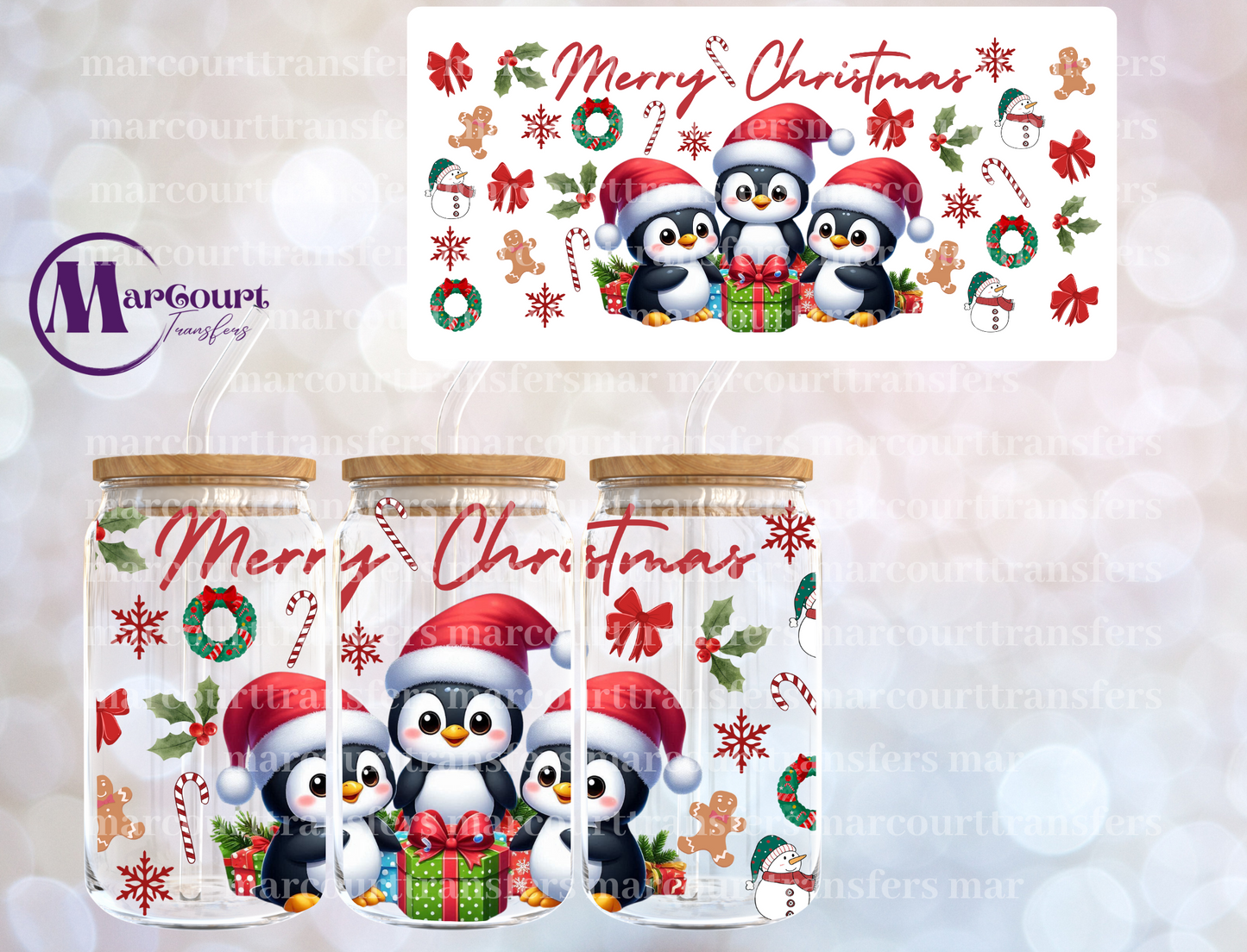 MERRY CHRISTMAS PENGUINS-16 0Z-UV DTF CUP WRAP