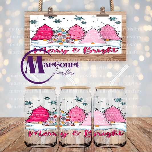 MERRY AND BRIGHT PINK CHRISTMAS TREES-16 0Z-UV DTF CUP WRAP