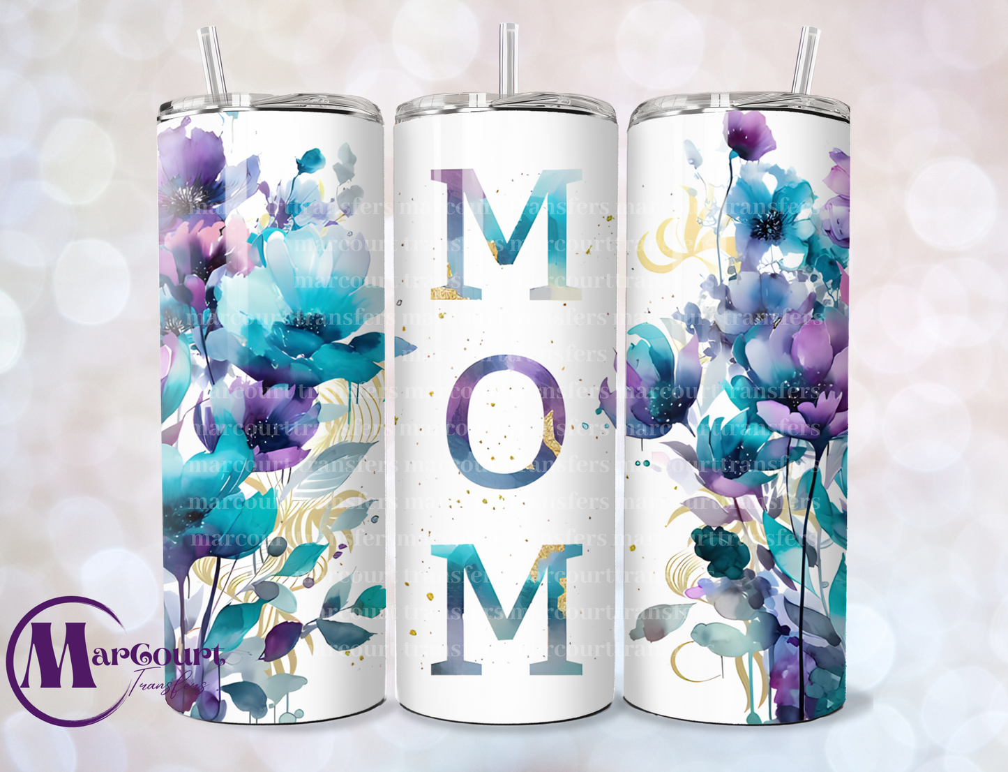 MOM TEAL AND PURPLE FLOWERS-SKINNY TUMBLER TRANSFER