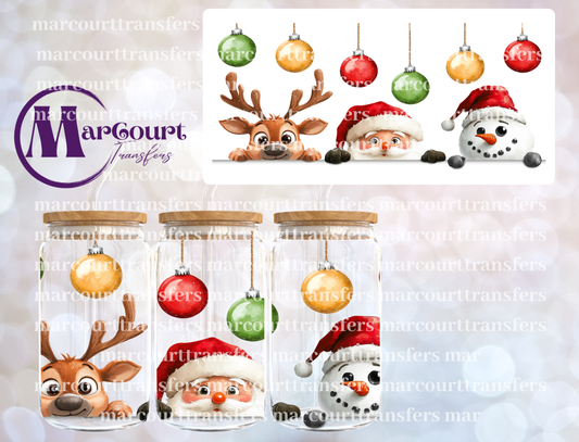 PEEKING SANTA REINDEER AND SNOWMAN-16 0Z-UV DTF CUP WRAP