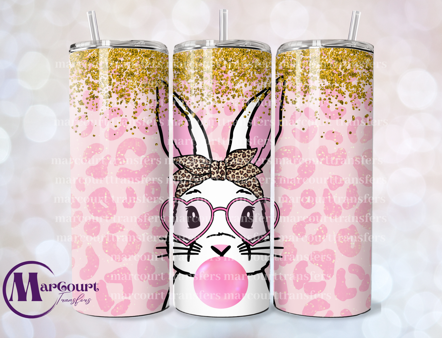 PINK BUNNY HEART GLASSES WITH GLITTER-SKINNY TUMBLER TRANSFER